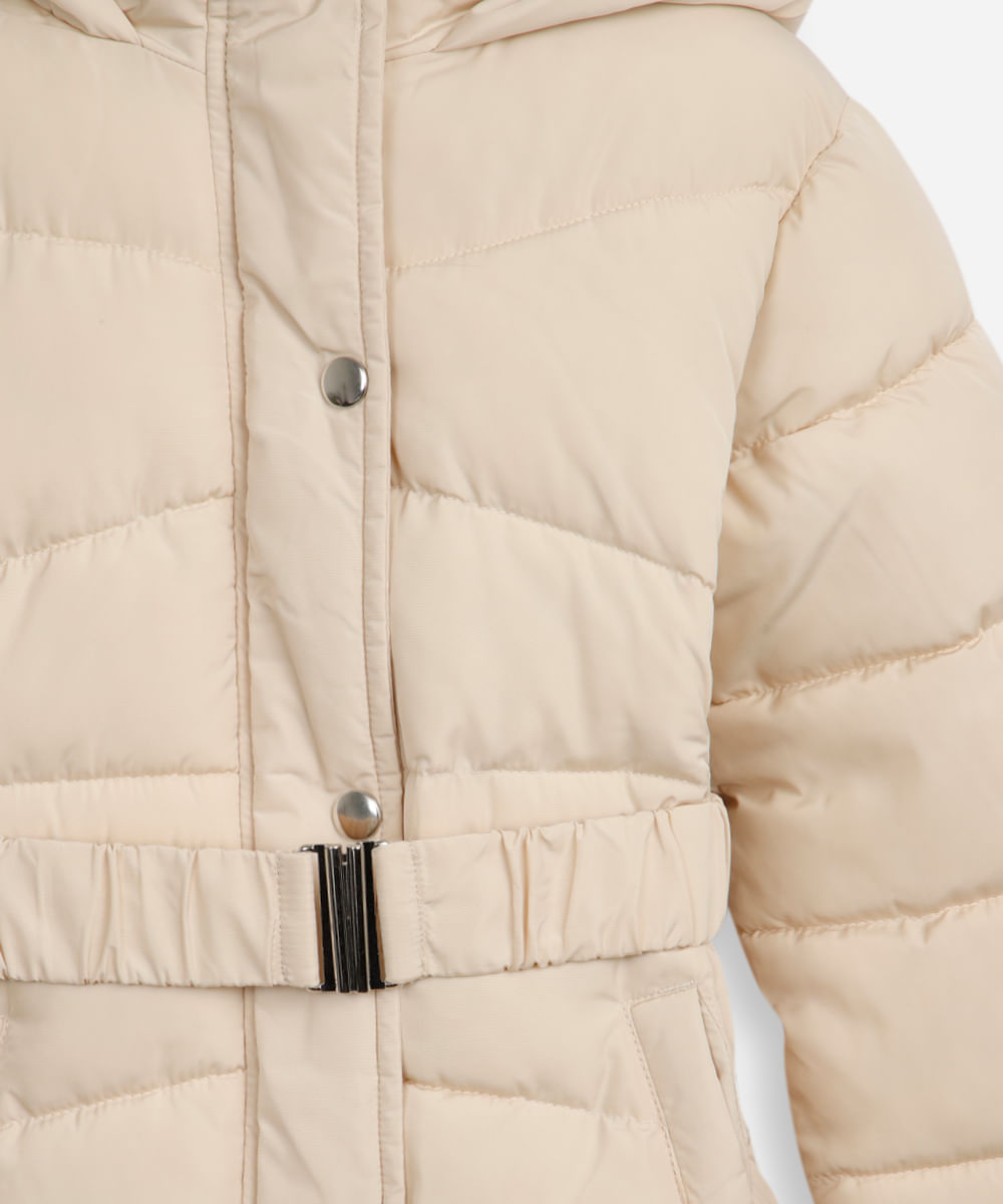 jaqueta puffer infantil longa com cinto bege