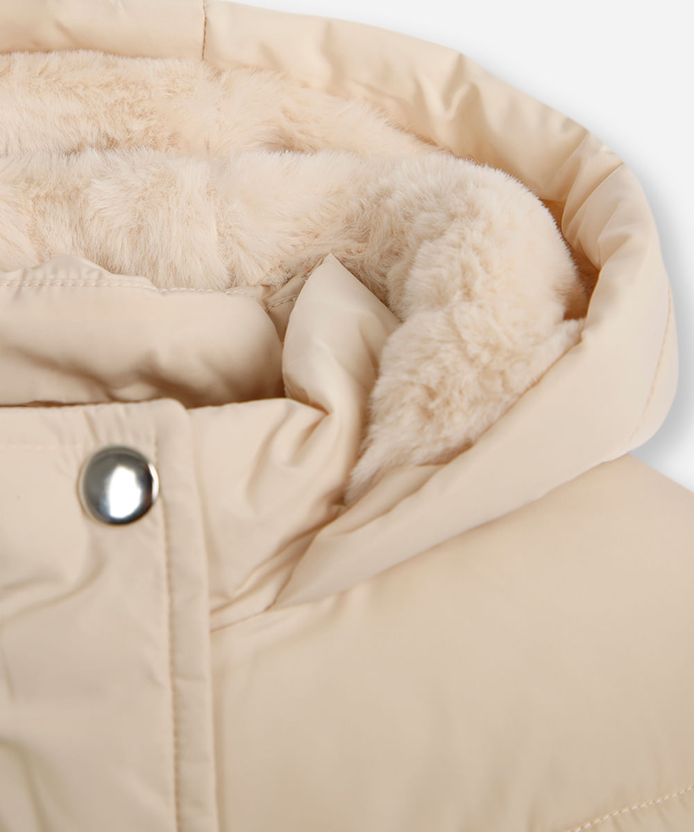 jaqueta puffer infantil longa com cinto bege