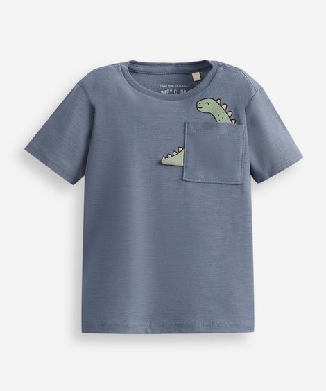 camiseta infantil de algodão com bolso dino azul