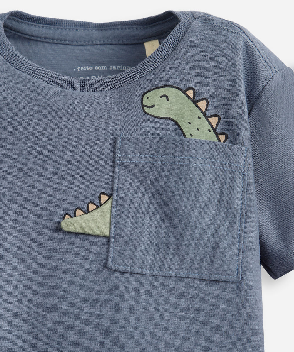 camiseta infantil de algodão com bolso dino azul