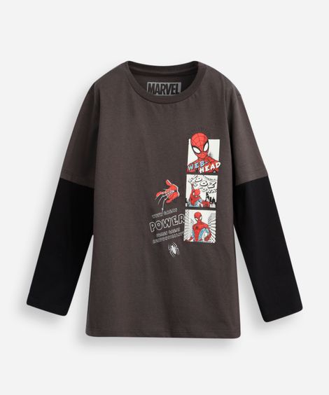 blusa de algodão infantil com manga sobreposta homem aranha - chumbo