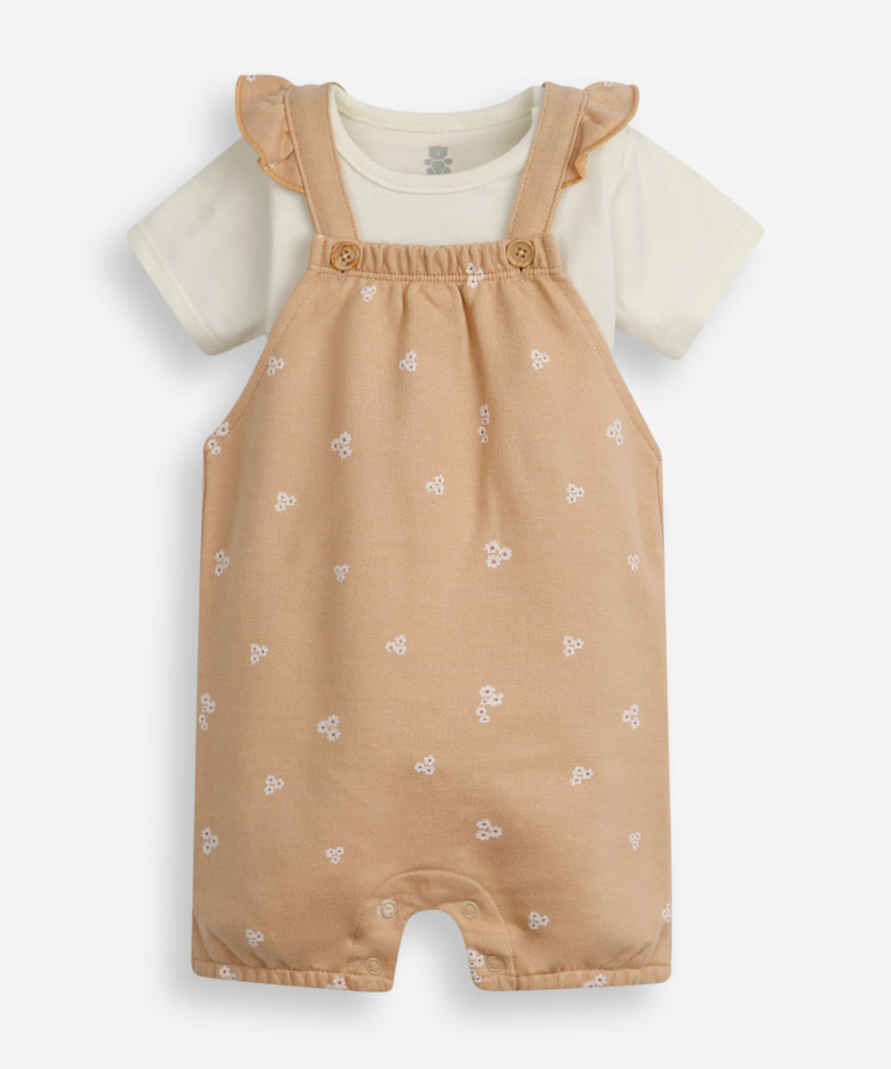 jardineira infantil floral com body bege