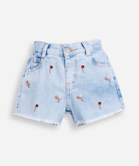 short jeans infantil com bordado floral azul
