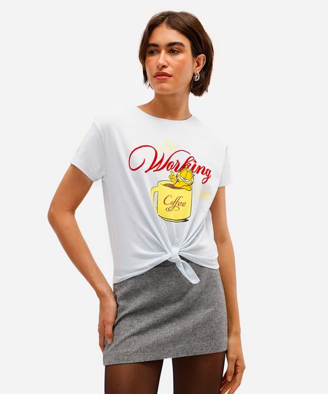 camiseta feminina de algodão garfield com amarração azul