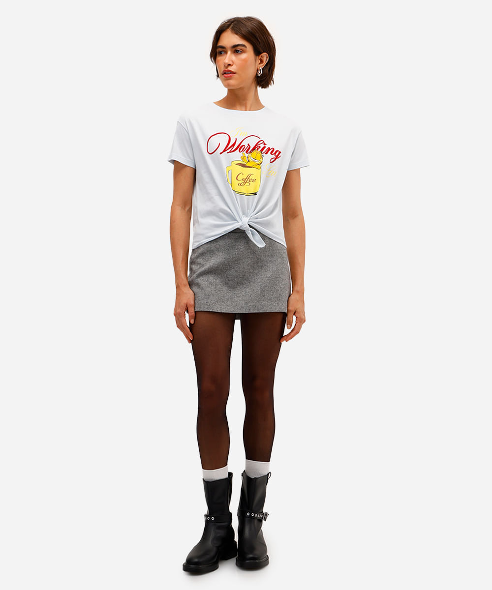 camiseta feminina de algodão garfield com amarração azul