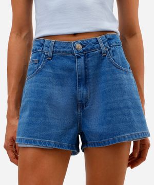 short baggy feminino jeans cintura média azul