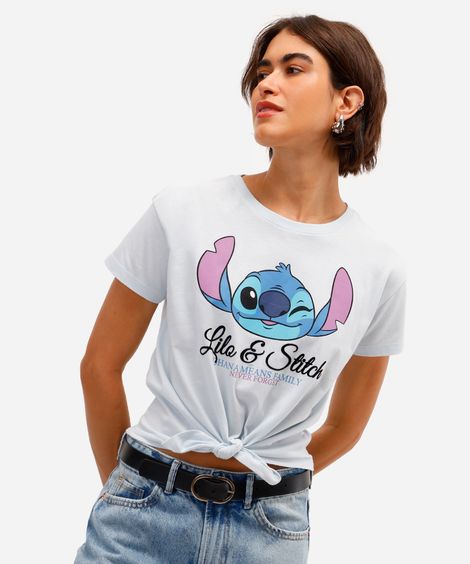 camiseta feminina de algodão stitch com amarração azul