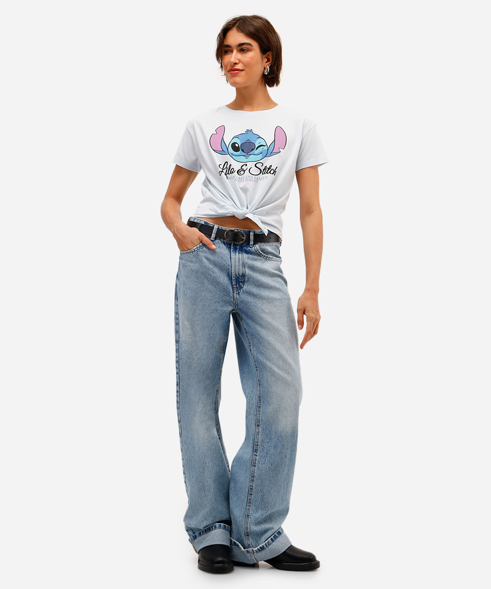camiseta feminina de algodão stitch com amarração azul