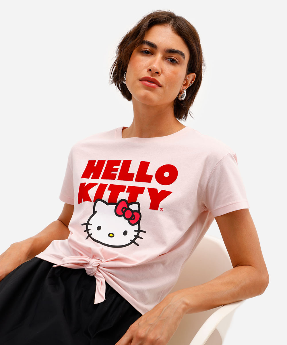 camiseta feminina de algodão hello kitty com amarração rosa