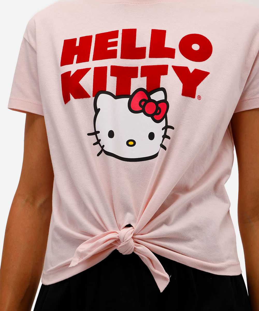camiseta feminina de algodão hello kitty com amarração rosa