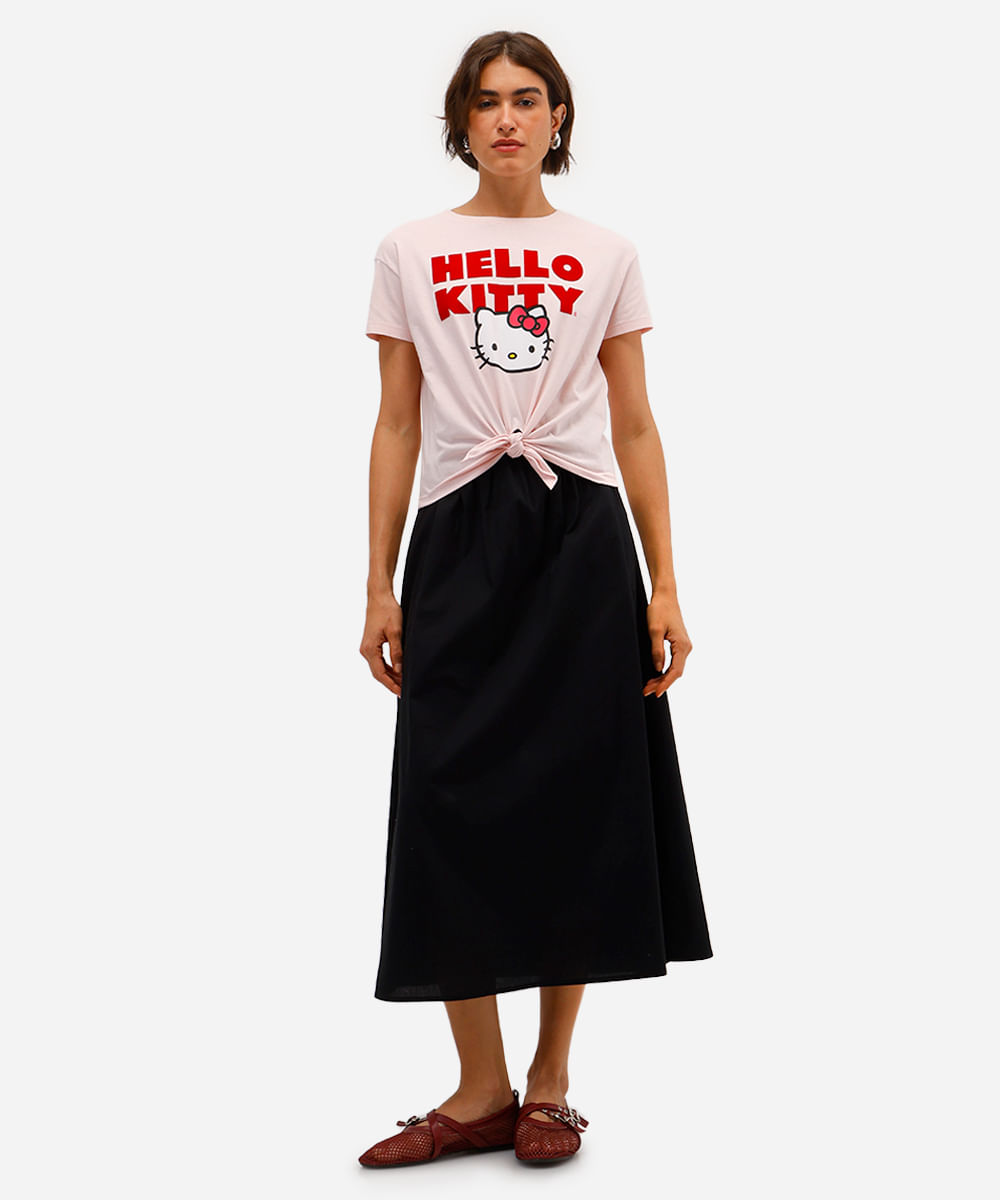 camiseta feminina de algodão hello kitty com amarração rosa