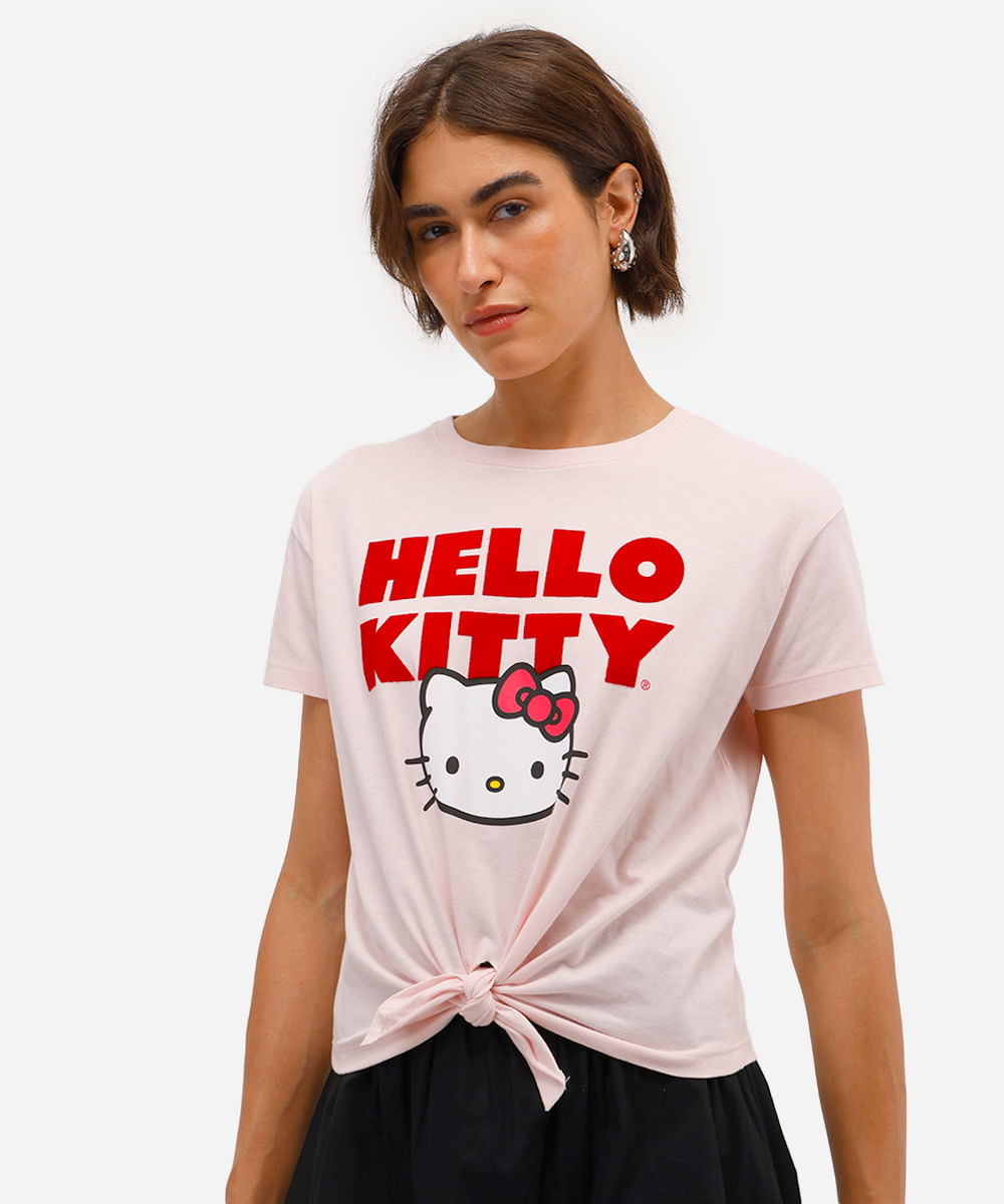 camiseta feminina de algodão hello kitty com amarração rosa