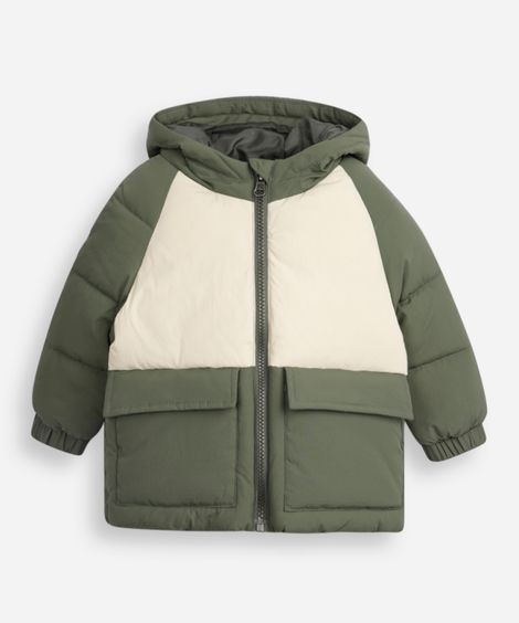 jaqueta puffer infantil com recortes e capuz verde