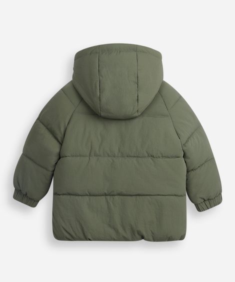 jaqueta puffer infantil com recortes e capuz verde