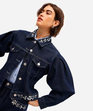 jaqueta feminina jeans manga bufante com brilhos azul
