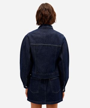 jaqueta feminina jeans manga bufante com brilhos azul