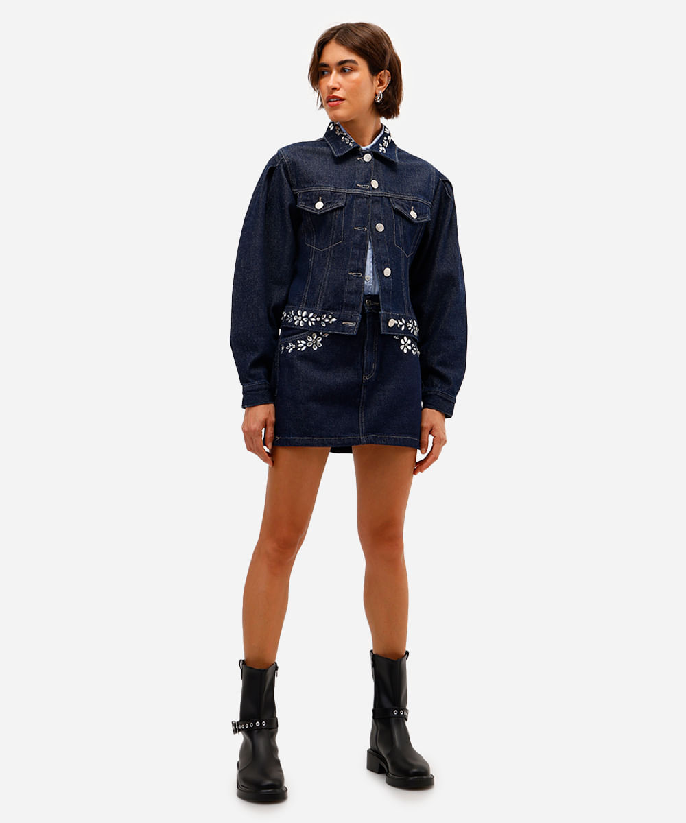 jaqueta feminina jeans manga bufante com brilhos azul