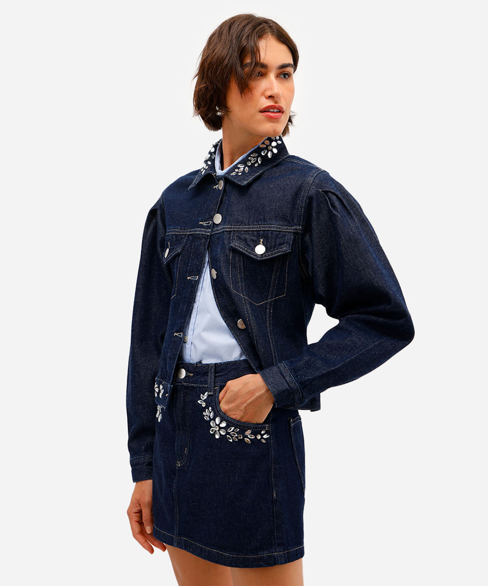 jaqueta feminina jeans manga bufante com brilhos azul