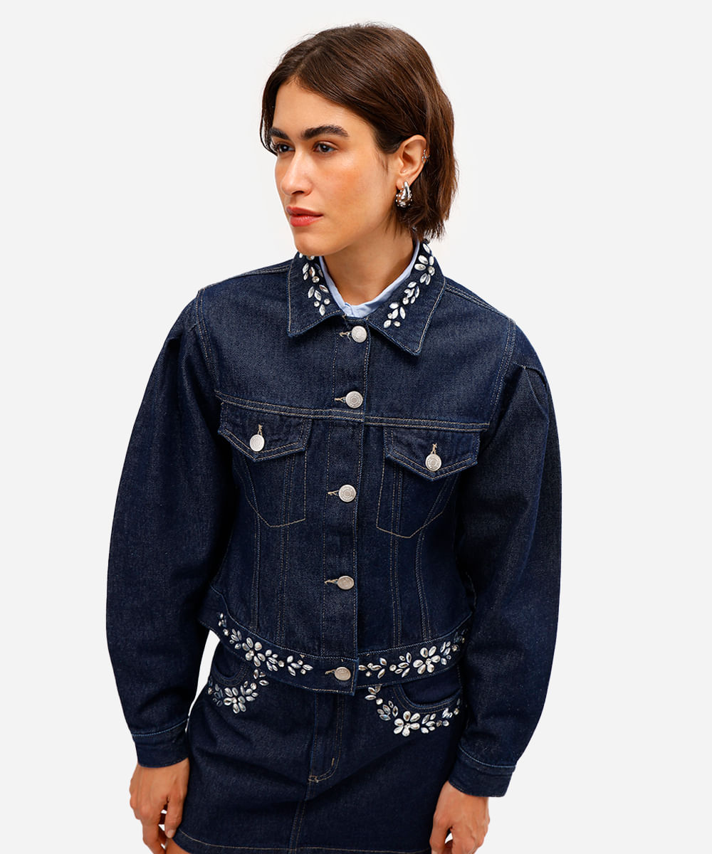jaqueta feminina jeans manga bufante com brilhos azul
