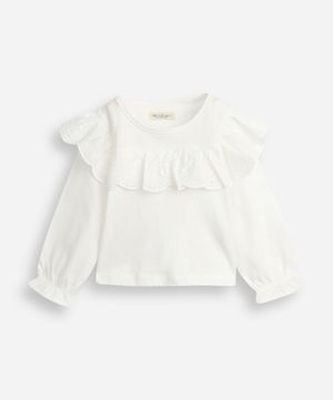 blusa infantil de algodão com babados em laise off white