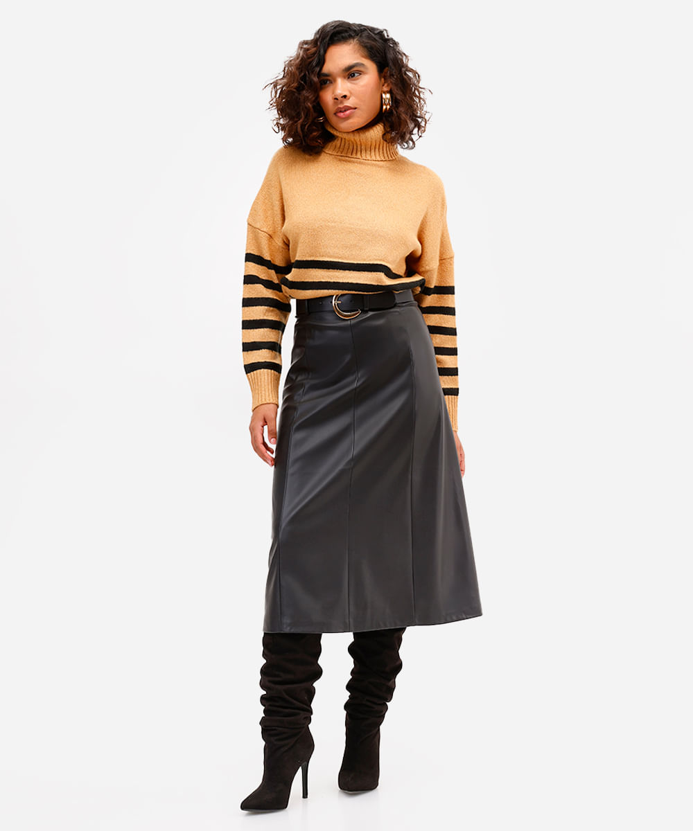 suéter oversized feminino de tricot gola alta listrada marrom