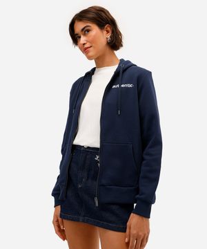 jaqueta feminina de moletom com capuz authentic azul