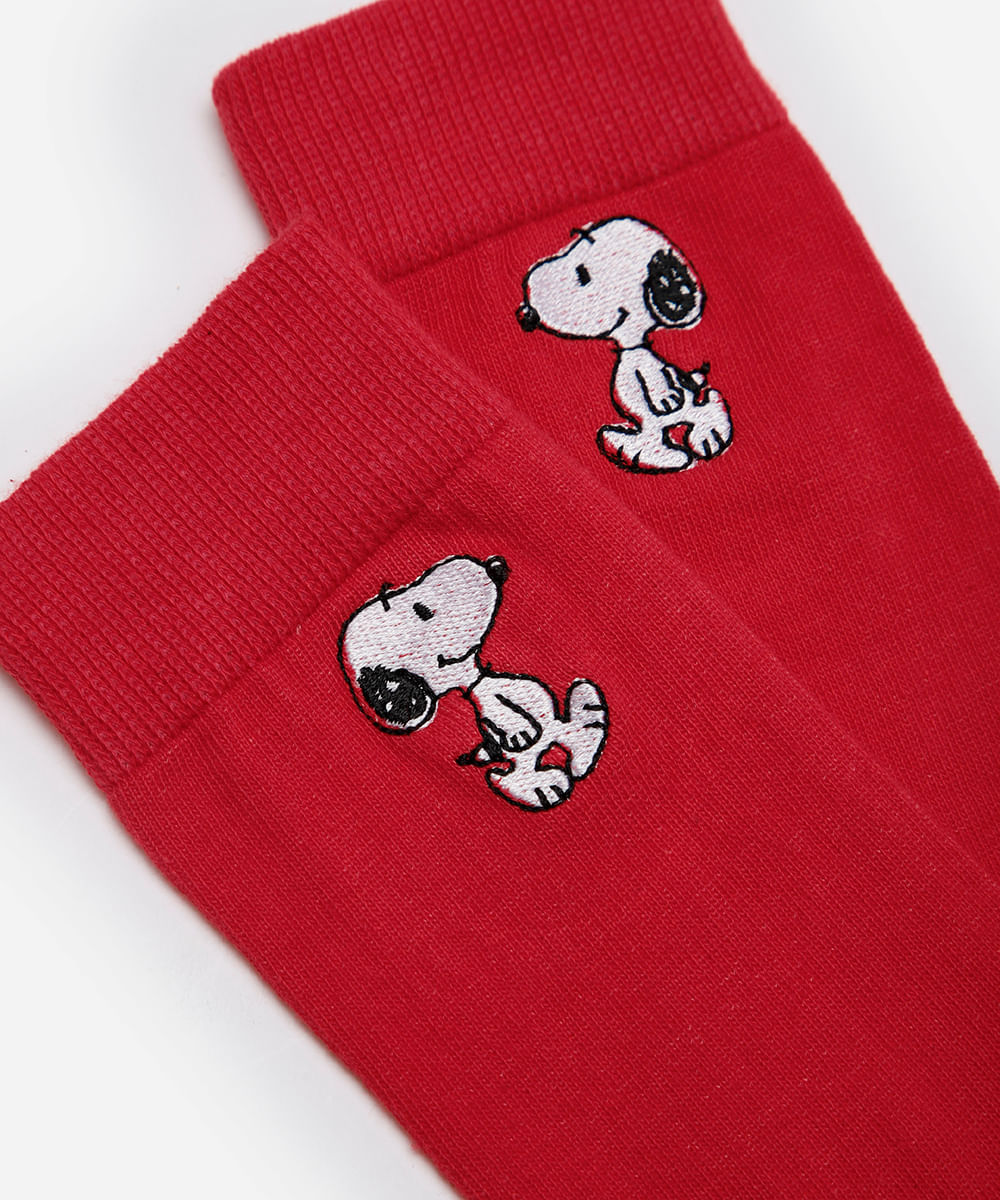 meia masculina cano longo bordado snoopy vermelha