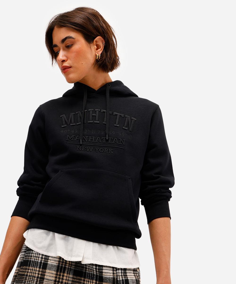 blusão feminino de moletom felpado com capuz manhattan preto