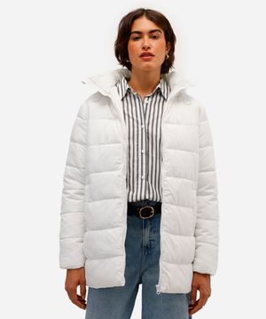 jaqueta puffer alongada com bolso off white