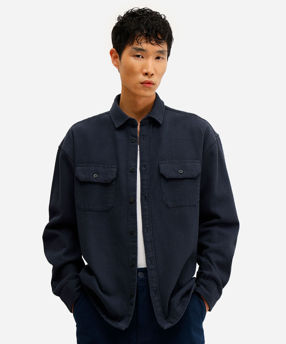 camisa overshirt masculina manga longa texturizada azul