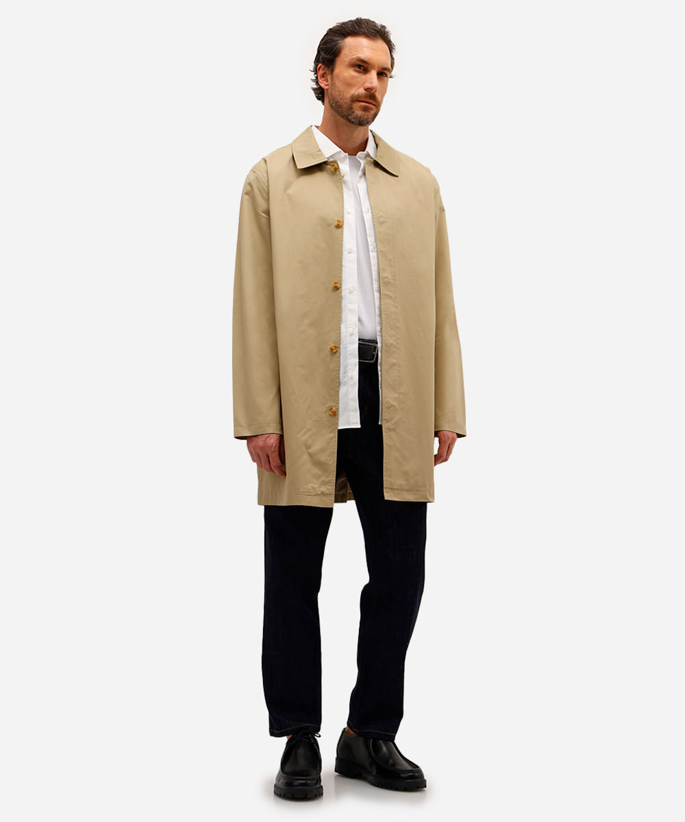 casaco trench coat masculino de sarja bege