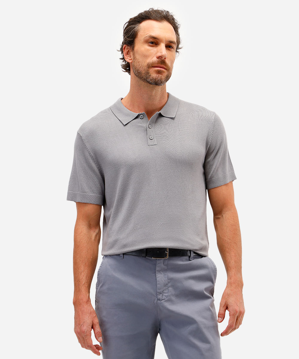polo comfort masculina de tricot manga curta cinza