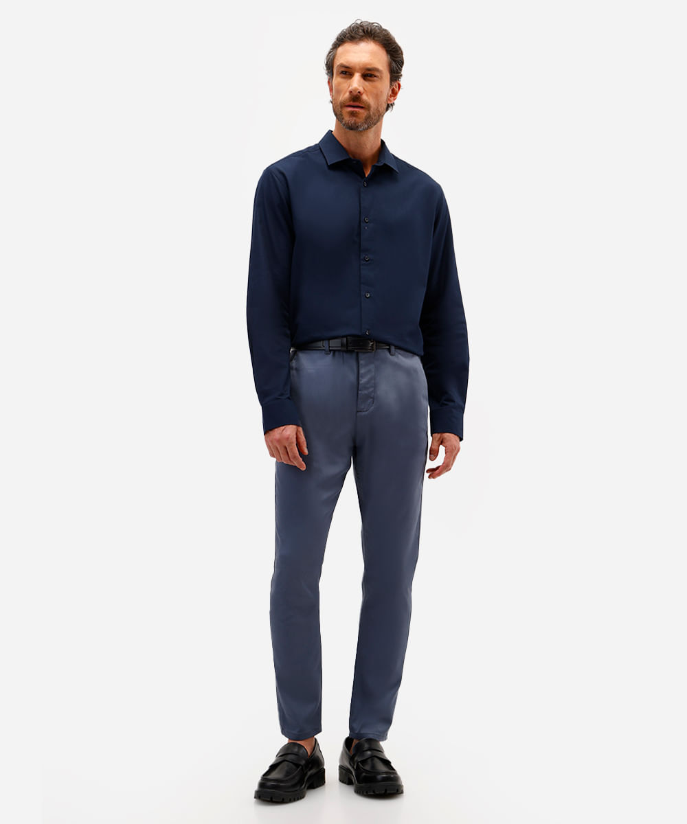 camisa masculina de algodão manga longa texturizada azul
