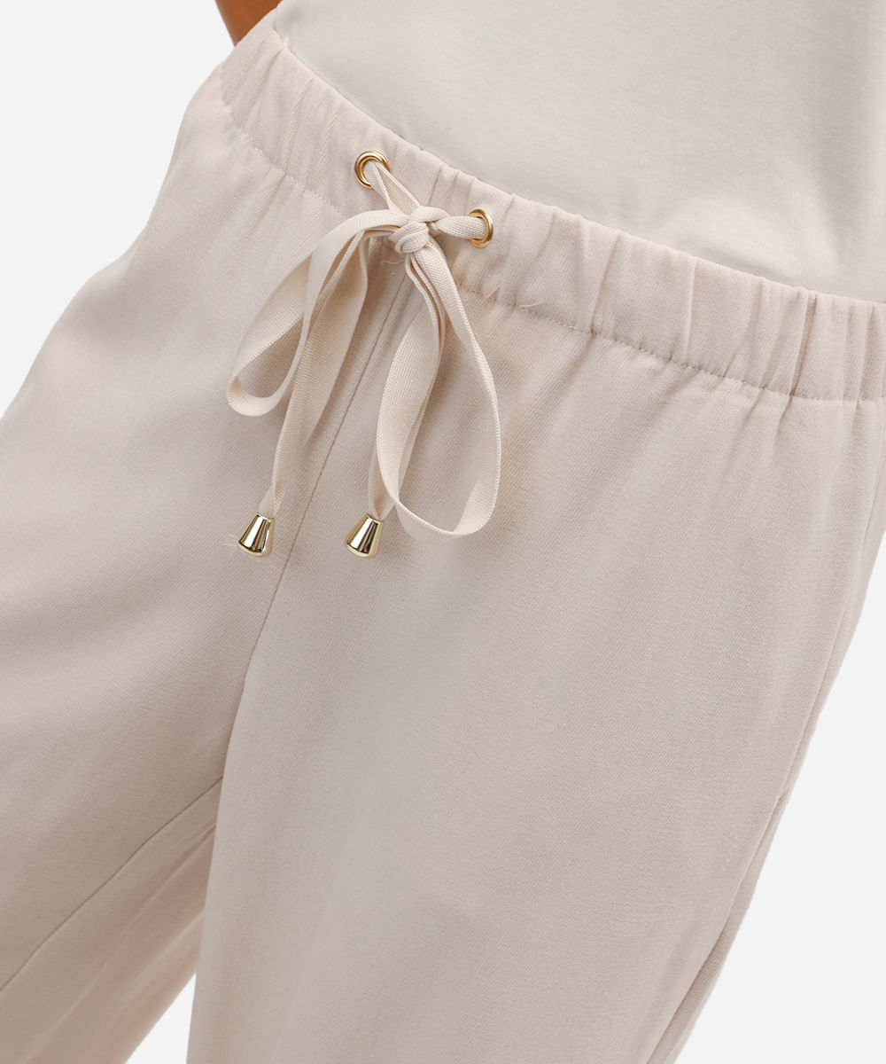 calça reta básica feminina cós elástico bege