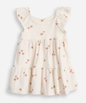 vestido infantil de algodão com recorte floral texturizado off white