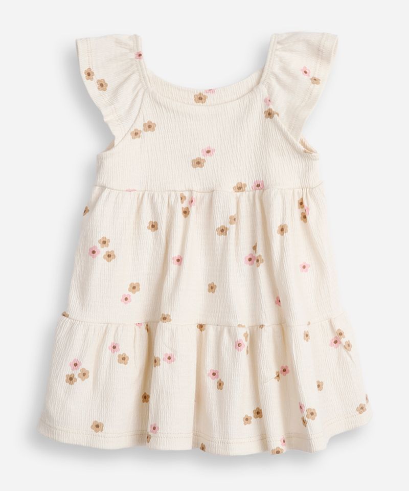 vestido infantil de algodão com recorte floral texturizado off white