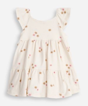 vestido infantil de algodão com recorte floral texturizado off white