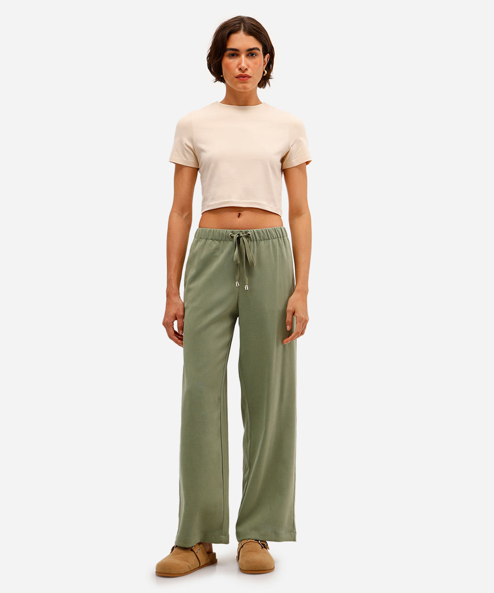 calça reta básica feminina cós elástico verde