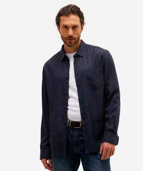 camisa masculina de liocel manga longa azul