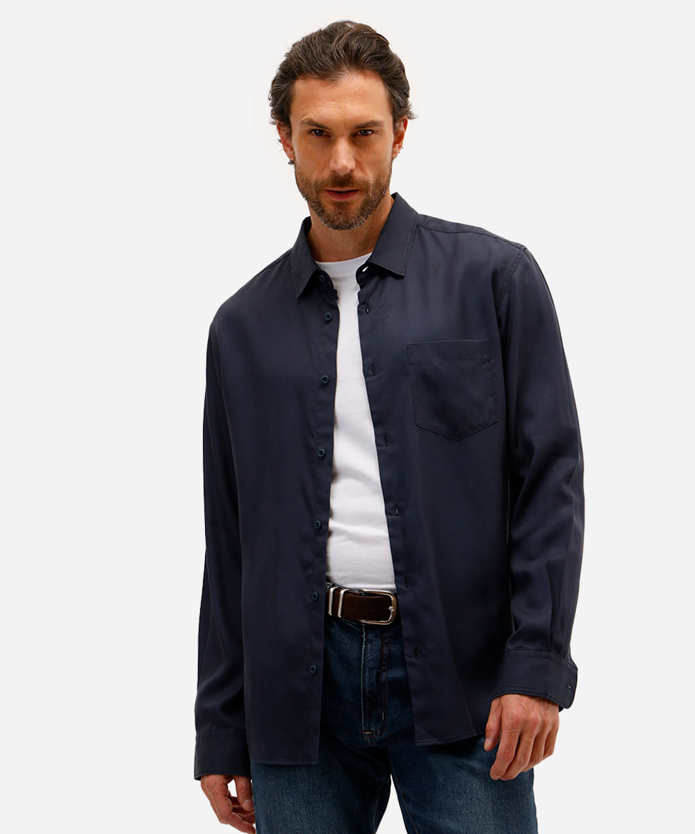 camisa masculina de liocel manga longa azul