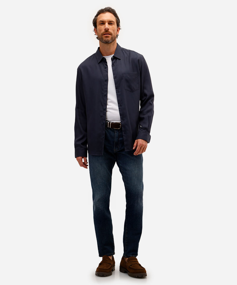 camisa masculina de liocel manga longa azul