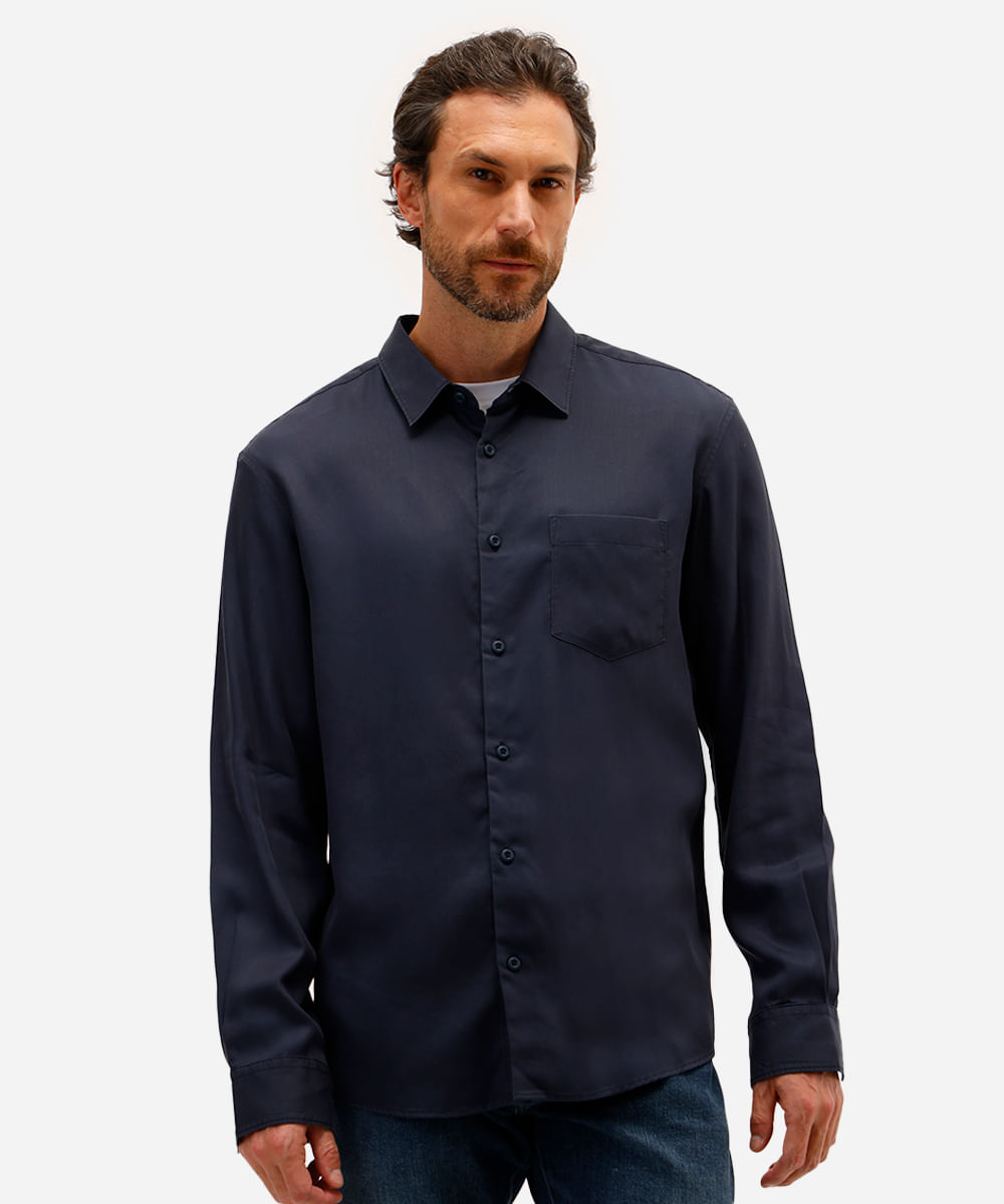 camisa masculina de liocel manga longa azul