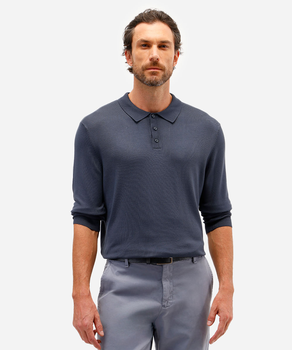 polo comfort masculina de tricot manga longa azul