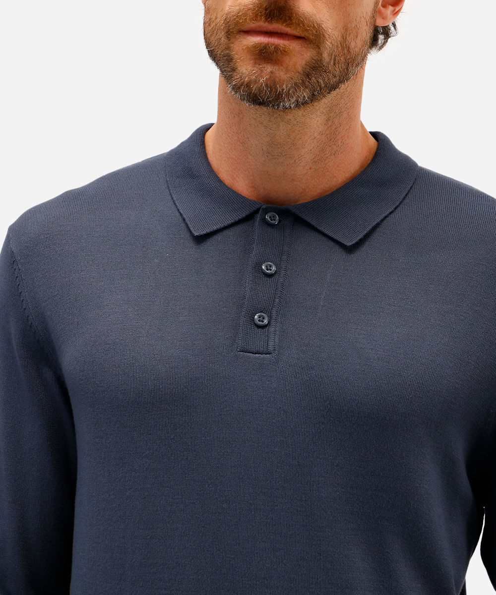 polo comfort masculina de tricot manga longa azul