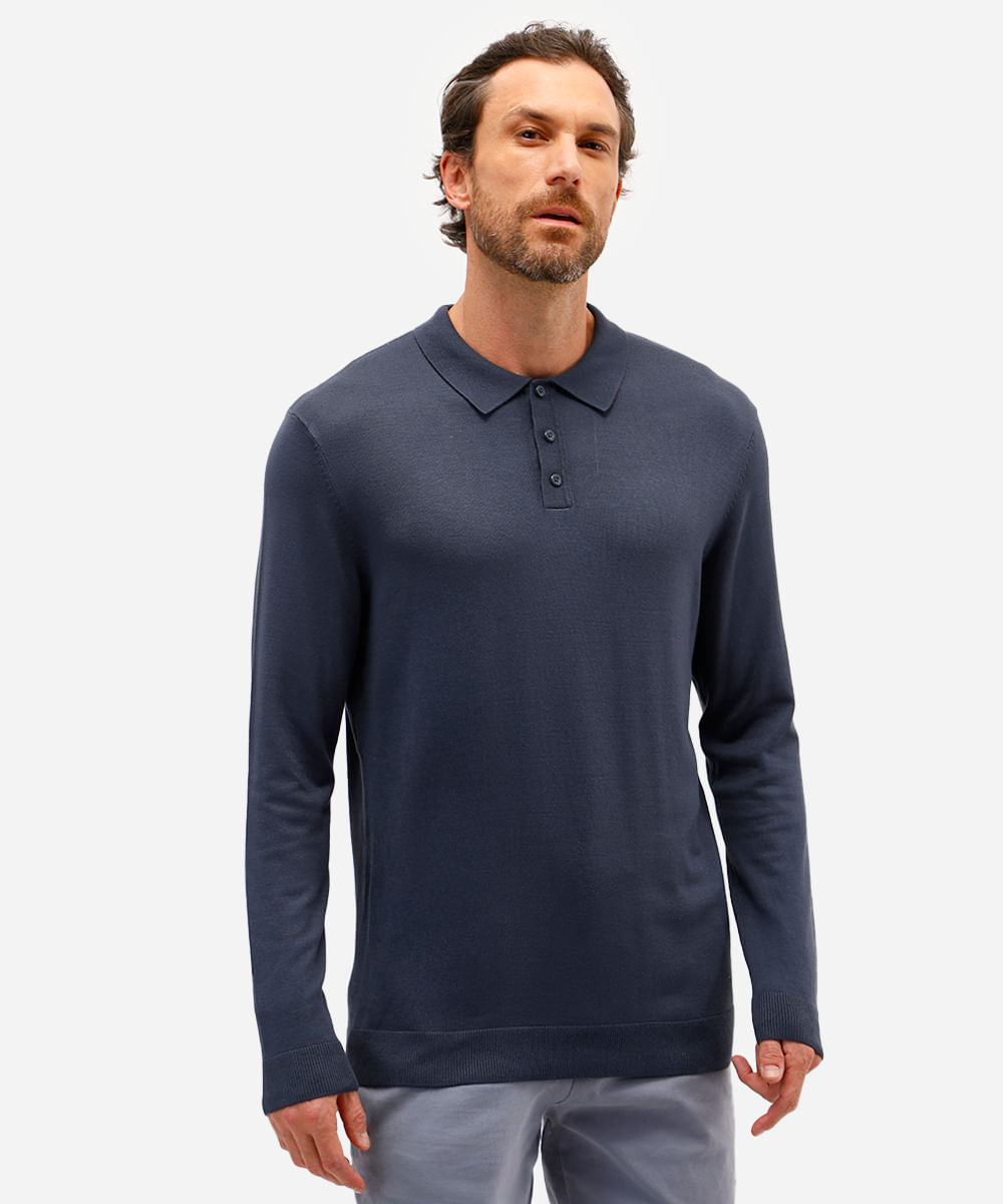 polo comfort masculina de tricot manga longa azul