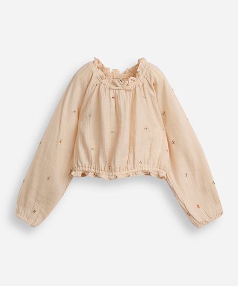 blusa infantil manga bufante com bordados bege