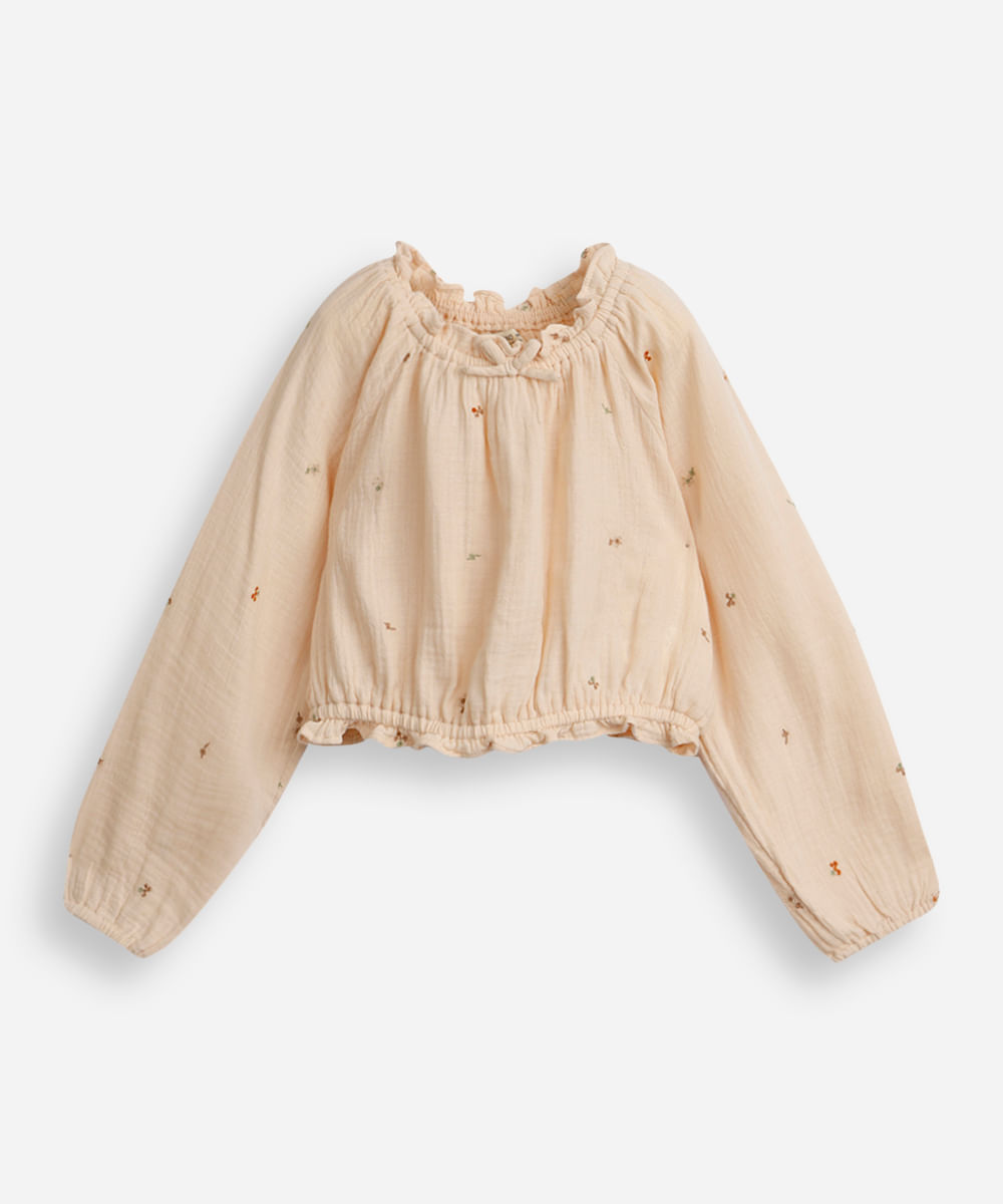 blusa infantil manga bufante com bordados bege