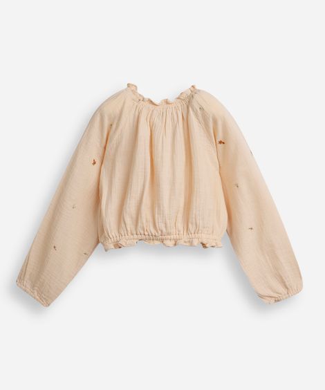 blusa infantil manga bufante com bordados bege