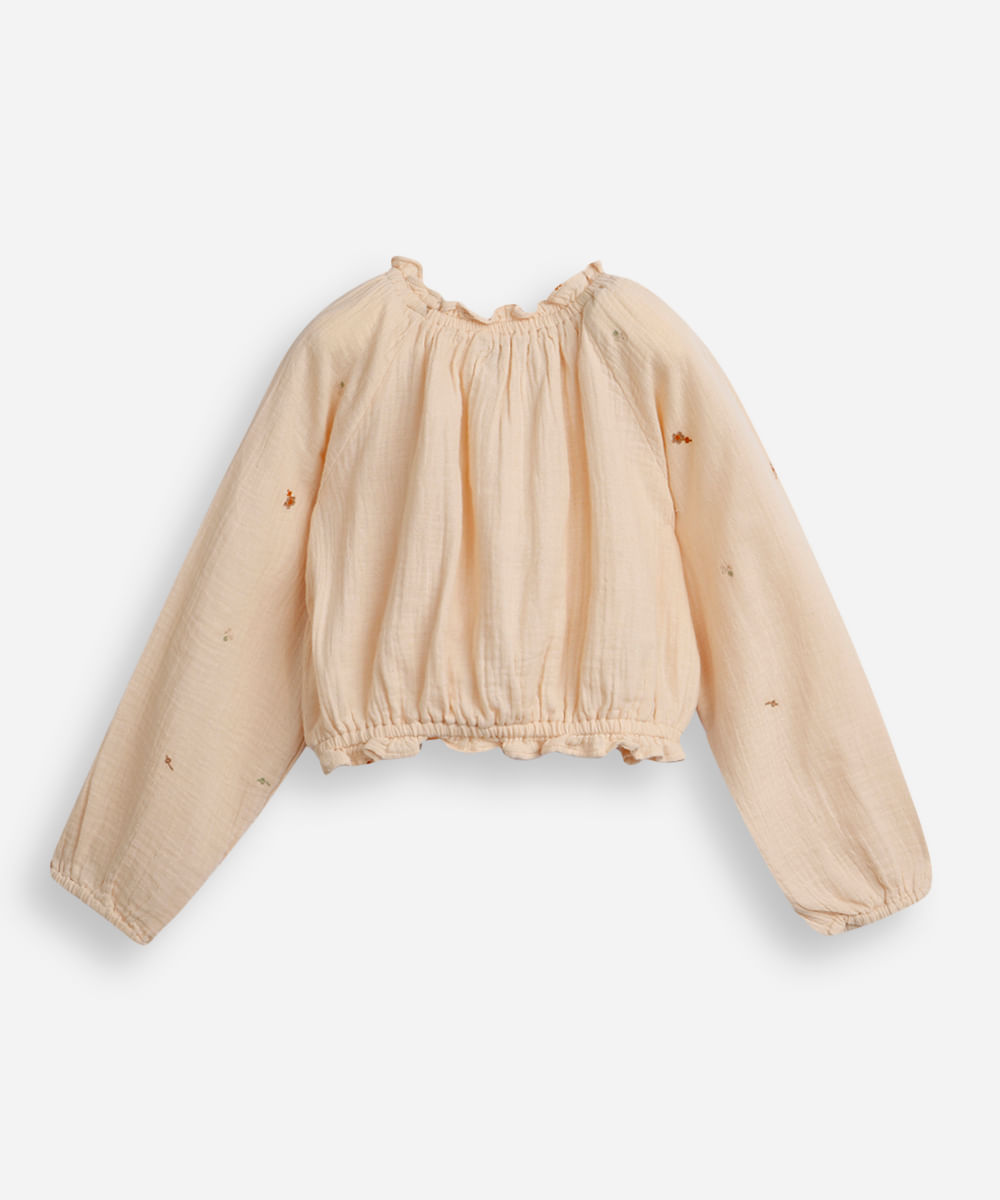 blusa infantil manga bufante com bordados bege