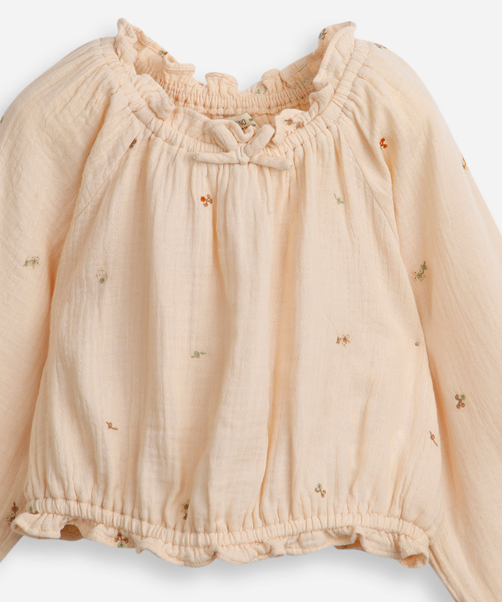 blusa infantil manga bufante com bordados bege